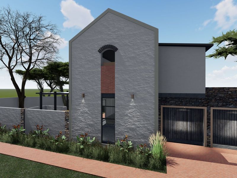 A modern architectural rendering of a house exterior featuring a textured facade, double garage, and stone wall detailing.
