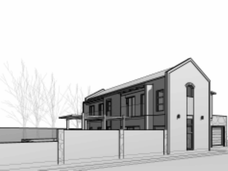 A digital architectural rendering of a modern two-story house featuring a pitched roof, balcony, and attached garage.