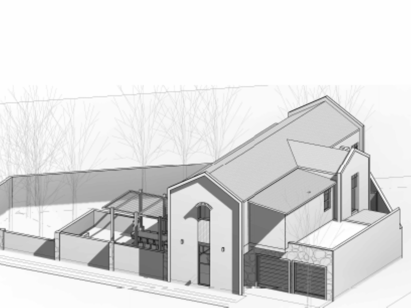 An architectural 3D rendering of a modern residential property featuring a pitched roof, integrated garage, and a covered outdoor patio area.
