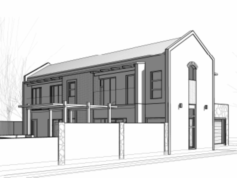 A digital architectural rendering of a modern two-story house featuring a pitched roof, balcony, and integrated garage.
