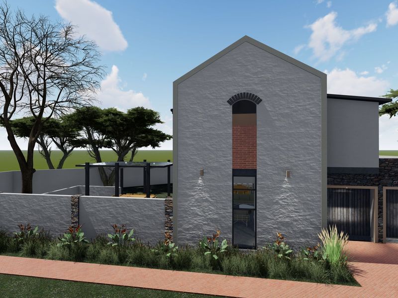 A modern architectural rendering of a house exterior featuring textured stone walls, brick accents, a paved driveway, and a private enclosed patio area.