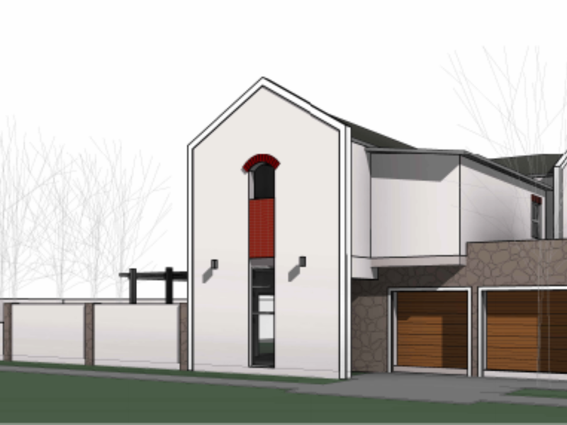 A digital architectural rendering of a modern two-story house featuring a double garage, stone cladding accents, and a clean, contemporary facade design.