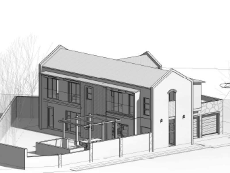 A 3D architectural render showing the exterior design and layout of a modern two-story house with a pergola and garage.