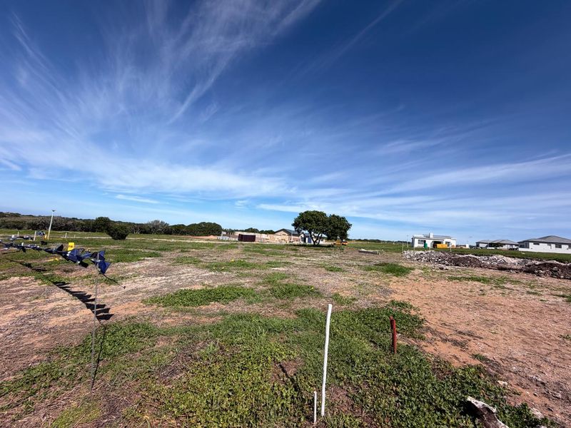 A wide-angle view of a vacant residential plot featuring natural vegetation and survey markers, ready for development in a quiet neighborhood.