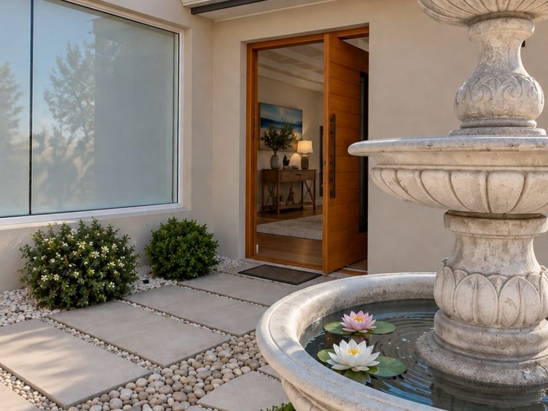 A well-maintained front entrance featuring a stone fountain, paved walkway, and a modern wooden pivot door leading into the office interior.