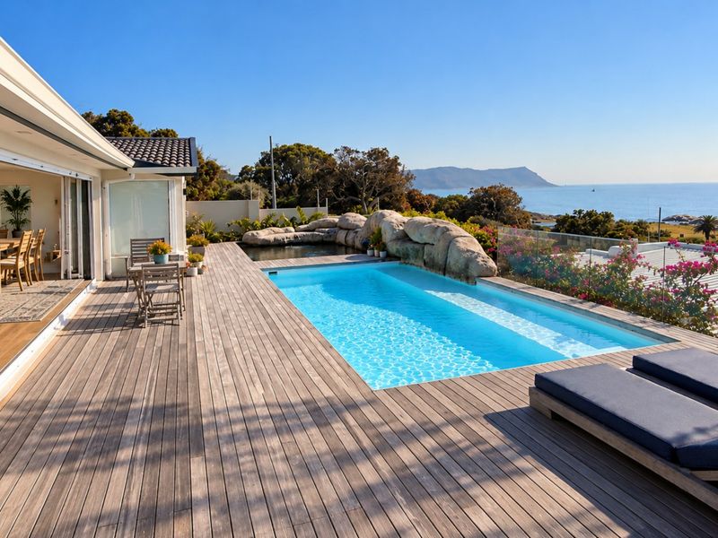 Outdoor pool area featuring timber decking, a rock-accented swimming pool, and glass balustrades with panoramic ocean views.