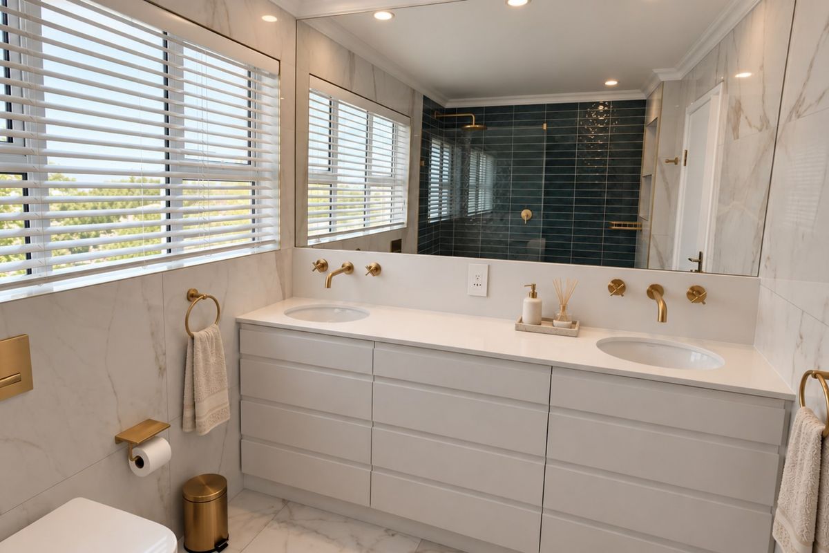 Modern bathroom featuring a double vanity with brass fixtures, marble-look wall tiles, a walk-in shower, and a wall-mounted toilet.