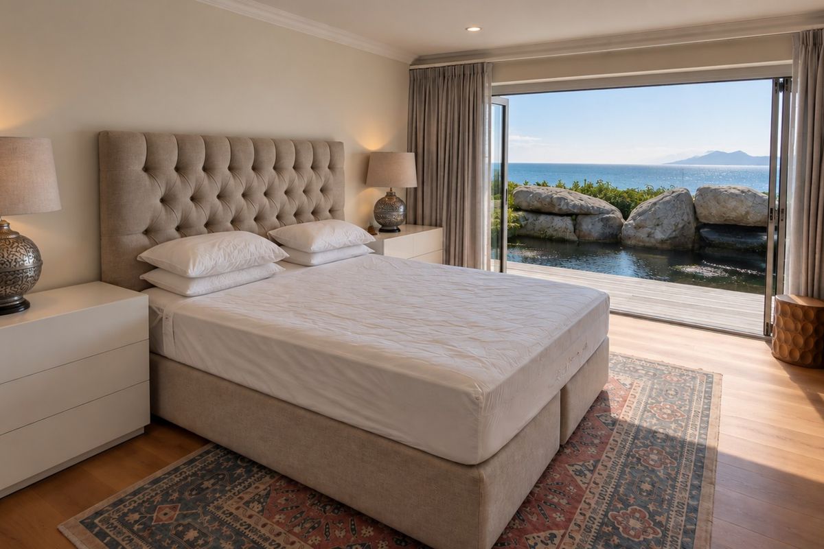 A well-appointed bedroom featuring timber flooring, recessed lighting, and large bi-fold doors opening onto a scenic outdoor deck with ocean views.