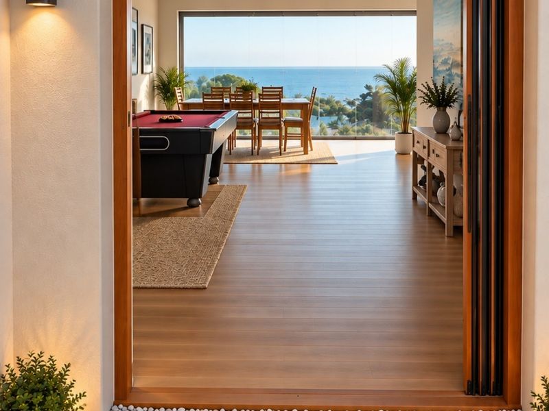 An inviting entryway featuring timber-framed folding doors that open into a spacious, light-filled interior with expansive ocean views.