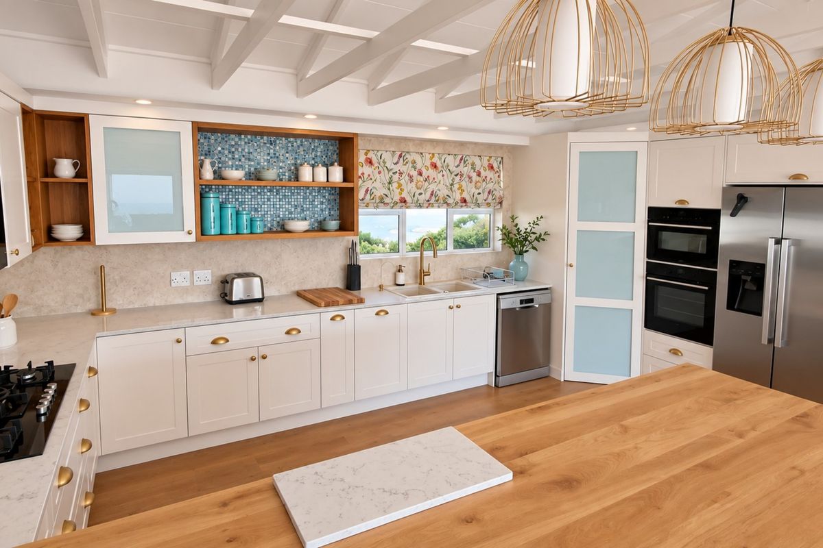 Modern kitchen featuring quartz countertops, a gas hob, built-in appliances, mosaic tile backsplash, and exposed ceiling beams with stylish pendant lighting.
