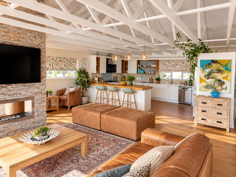 Spacious open-plan living and kitchen area featuring a striking stone-clad fireplace, exposed timber truss ceiling, and modern kitchen cabinetry with a central island.