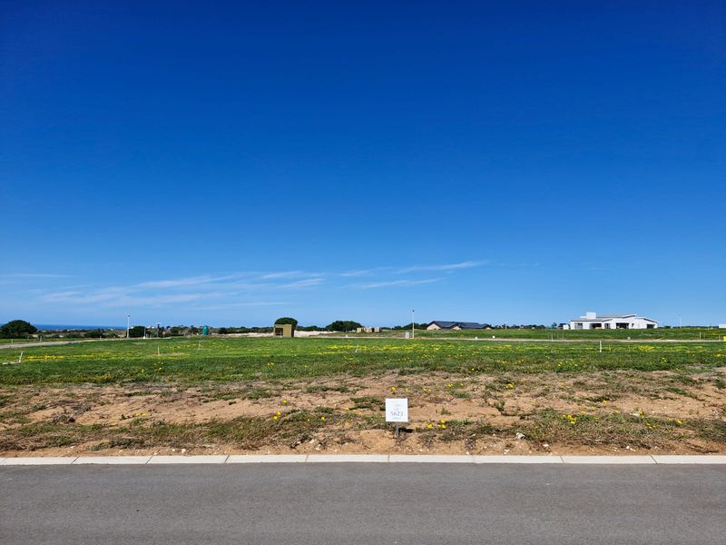 A vacant residential plot featuring a level grassed surface, paved road frontage, and clear boundary markers in a developing estate.