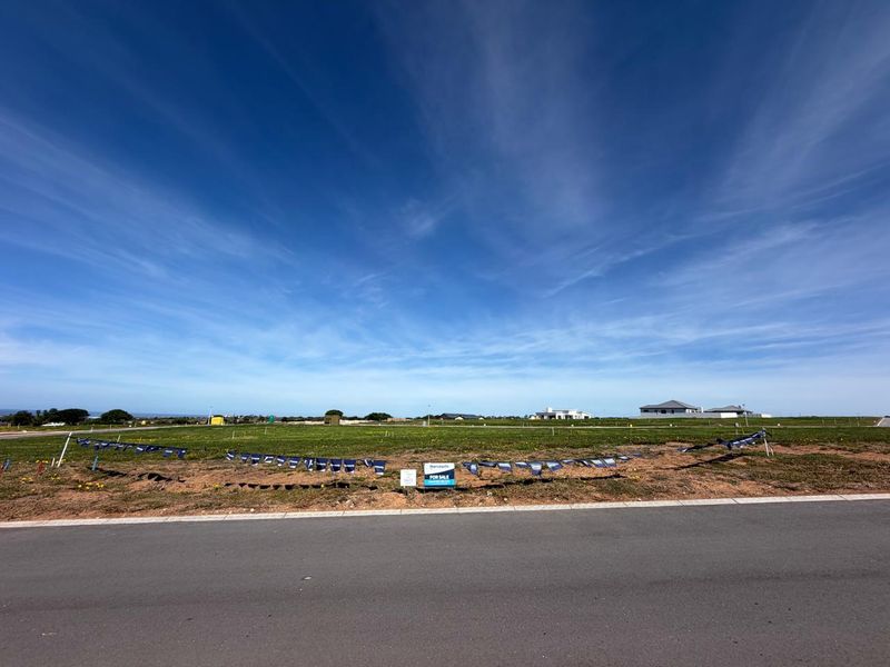 A vacant residential plot of land viewed from the adjacent paved road, featuring open grassed terrain and clear sky.