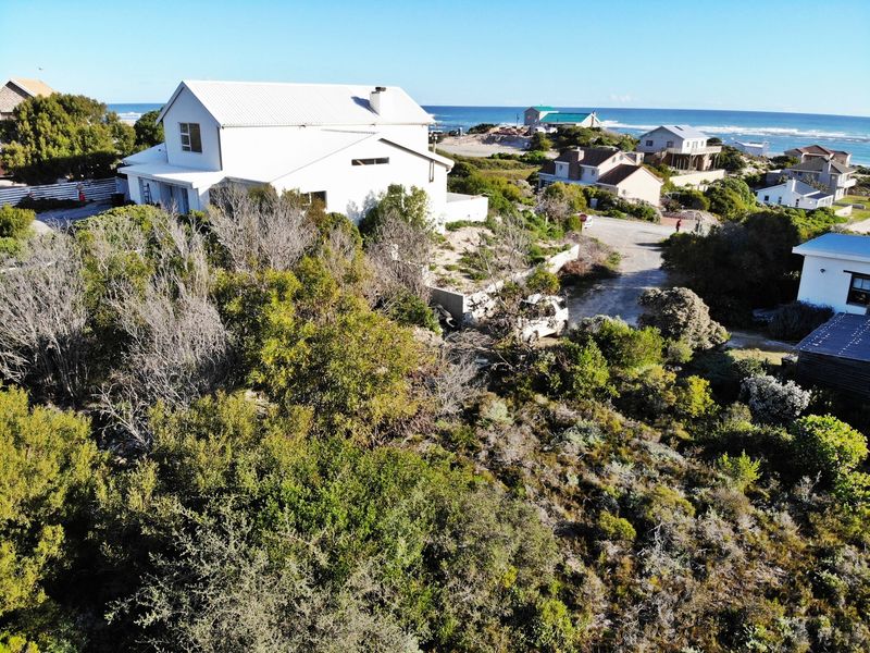 An aerial view of a coastal residential area featuring established vegetation and surrounding homes near the ocean.