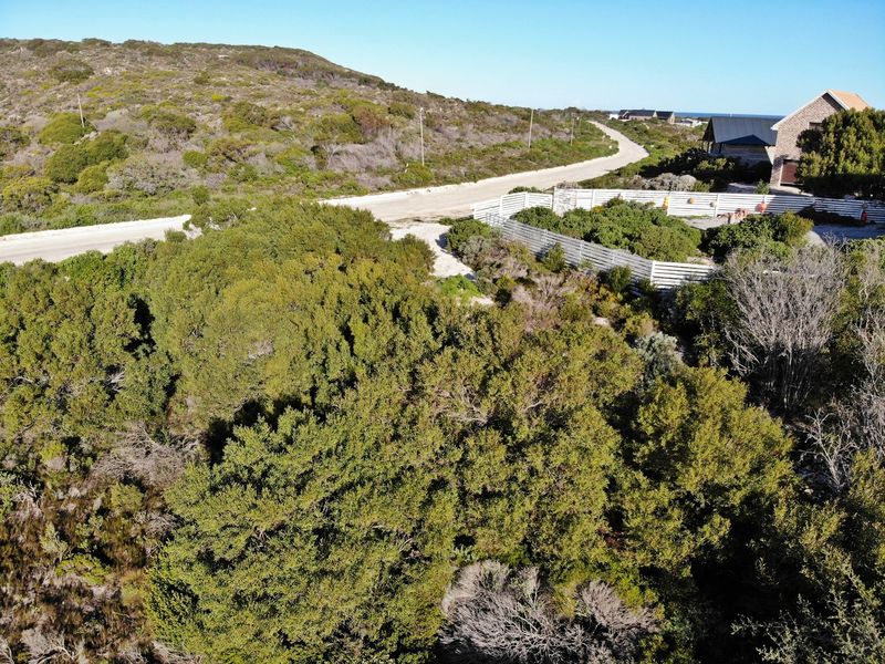 Aerial view of a vacant residential plot featuring natural coastal vegetation, adjacent to an unpaved road and existing residential properties.
