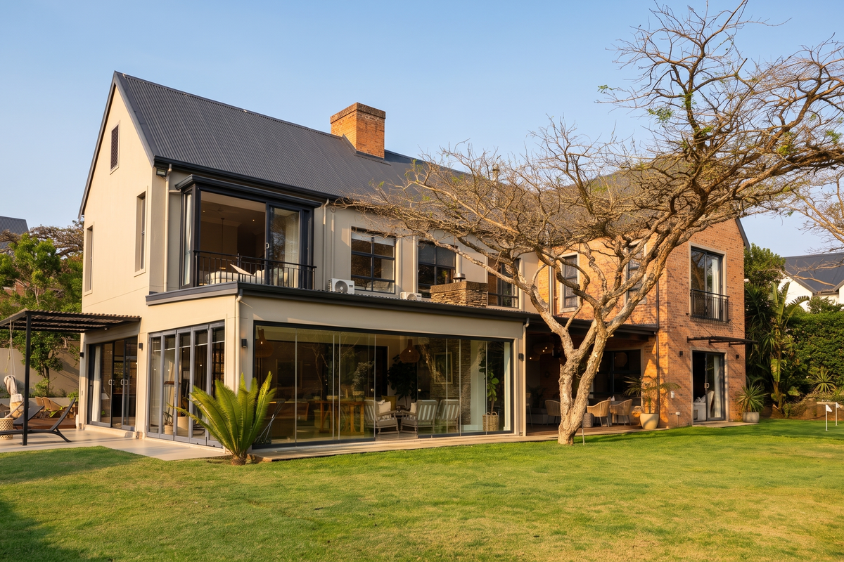 A well-maintained rear exterior view of a modern house featuring a brick and plaster facade, metal roof, glass sliding doors, and a spacious garden.