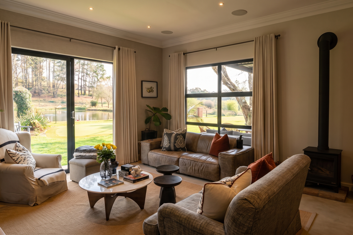 A bright and inviting living room featuring a modern freestanding fireplace, large windows, and sliding glass doors with scenic garden and pond views.