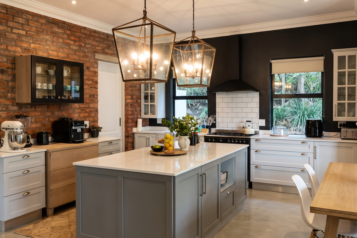Modern kitchen featuring an exposed brick wall, central island with quartz countertops, gas cooktop, and stylish pendant lighting, creating a warm, industrial-inspired aesthetic.