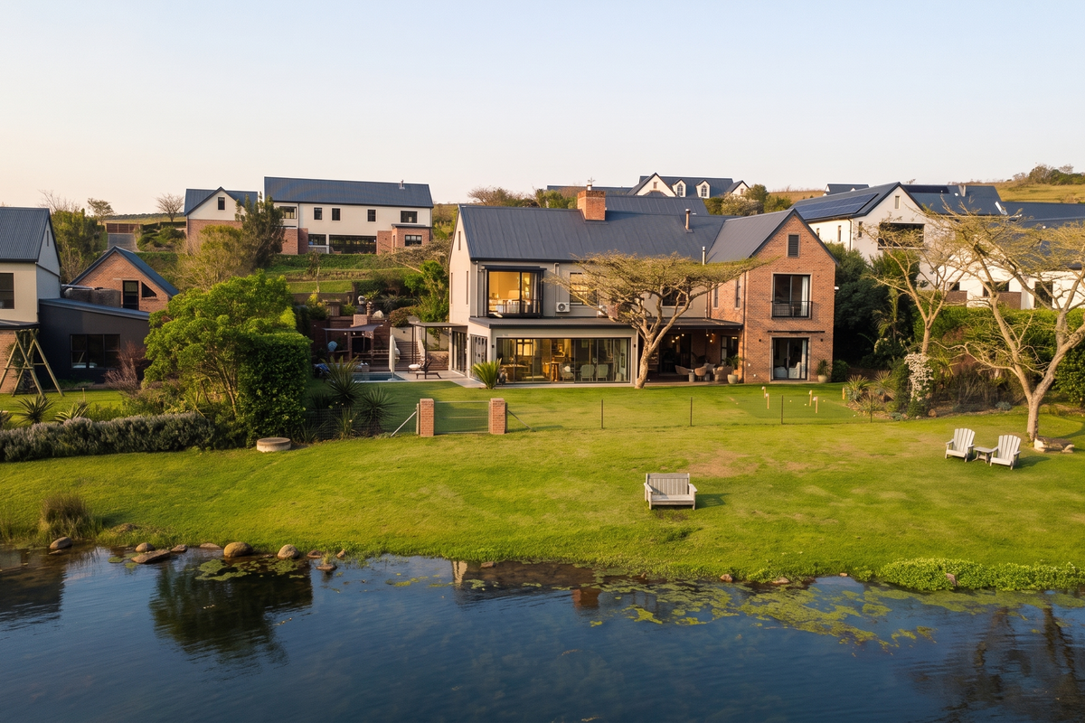 An aerial view of a modern brick residence featuring a metal roof, expansive glass doors, and a well-maintained garden overlooking a tranquil waterfront.