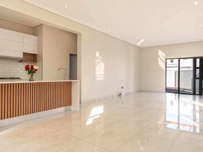 Modern open-plan living area featuring a sleek kitchen with timber-slat island, gas hob, and polished porcelain tiles, leading to a bright outdoor space.