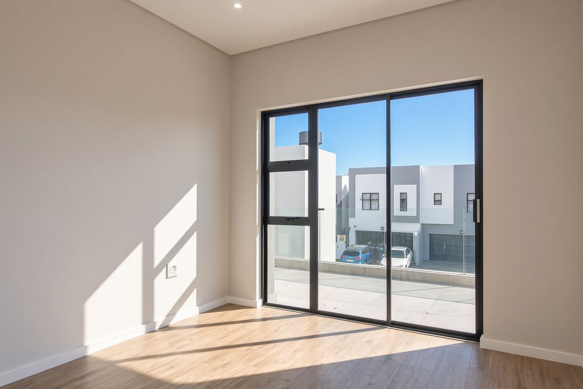 A bright, empty bedroom featuring modern laminate flooring and a large black aluminium sliding door providing access to an outdoor area.