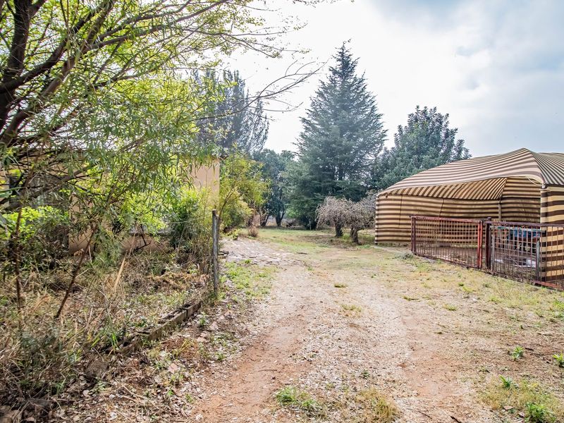 A view of the property grounds featuring a dirt driveway, mature trees, and perimeter wire fencing on a small holding.