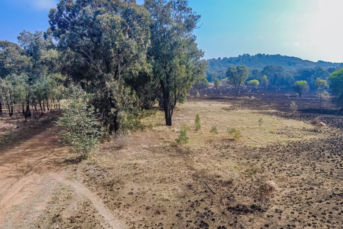 Aerial view of a large small holding property featuring a dirt access road, mature trees, and open land showing signs of recent fire damage.