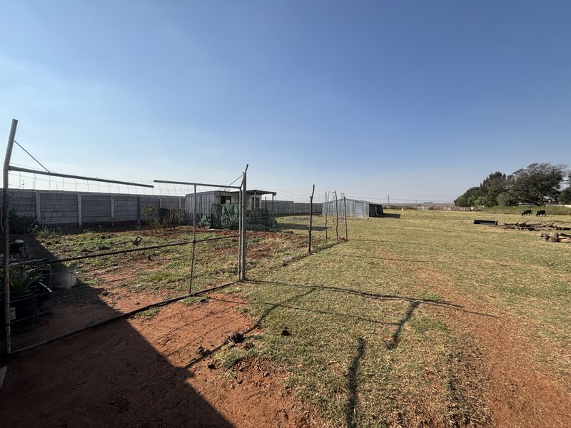 Expansive small holding garden area featuring wire mesh fencing, precast concrete boundary walls, and secondary metal outbuildings on the property.