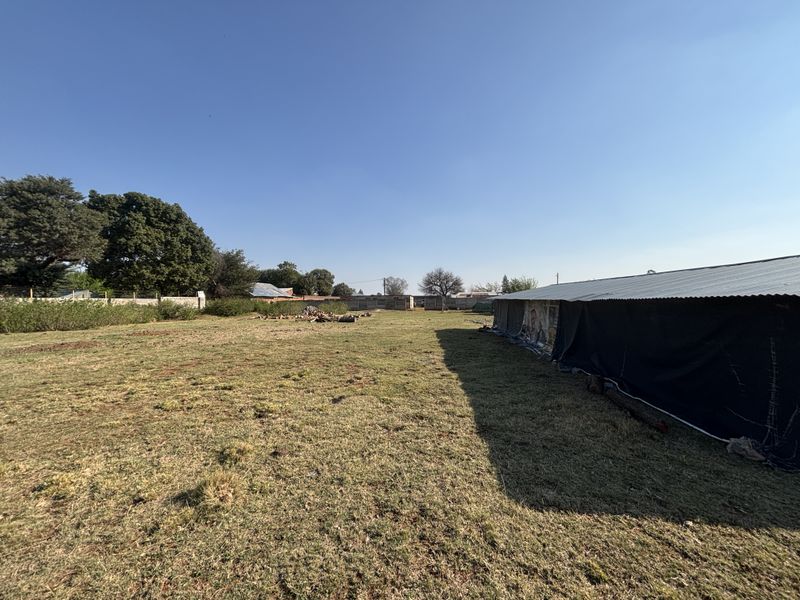 Expansive open garden area on a small holding featuring a perimeter boundary wall and a large, basic corrugated metal structure.