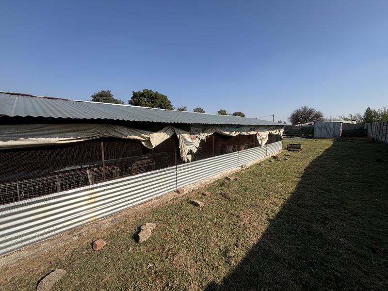 A large utility structure featuring corrugated iron roofing and wire mesh enclosures, currently used for agricultural or livestock purposes.