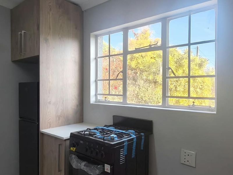 A clean, modern kitchen area featuring wood-finish cabinetry, a new gas stove, and a window overlooking the garden.
