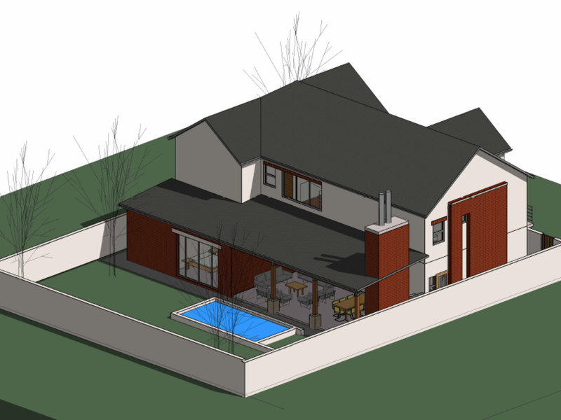 A 3D architectural rendering of a residential property featuring a rear patio, swimming pool, and enclosed garden area.