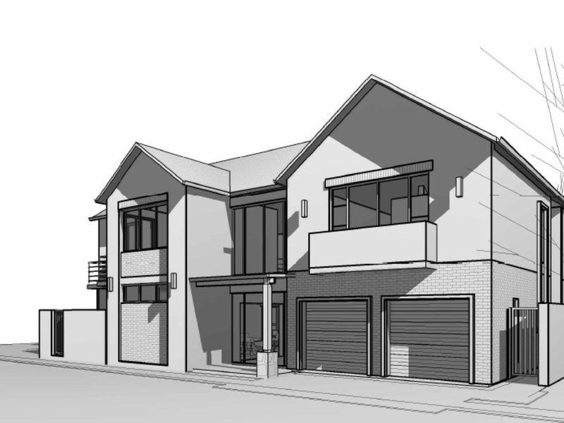 A digital architectural rendering of a modern two-story residential house featuring a double garage and contemporary facade design.