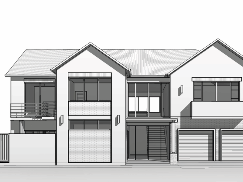 Architectural 3D render of a modern two-story house featuring a double garage, balcony, and contemporary facade design.