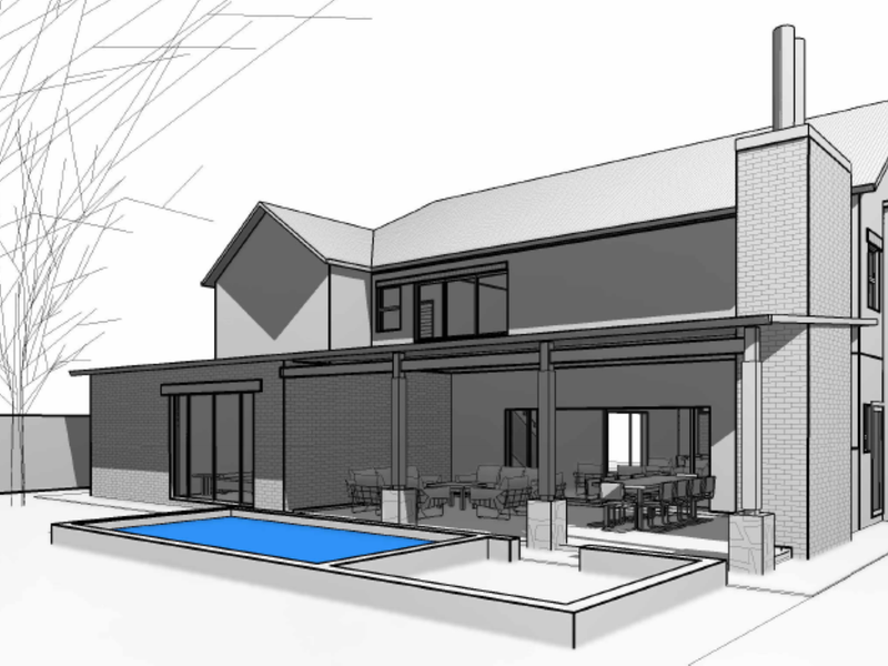 A 3D architectural render showing the rear elevation of a house featuring a covered patio, swimming pool, and chimney stack.