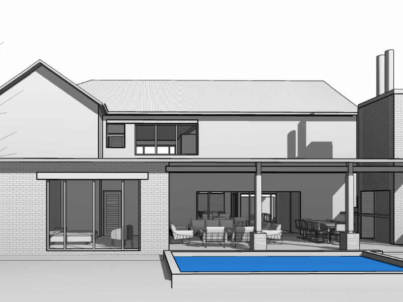 A 3D architectural render of the rear elevation featuring a covered patio, swimming pool, and brick chimney structure.