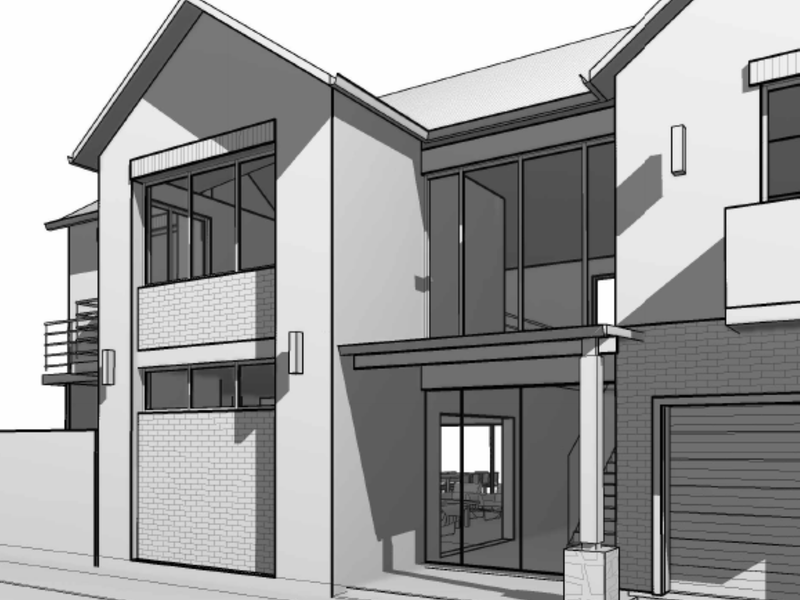 A digital architectural rendering of a modern two-story residential facade featuring brick accents, large glass windows, and a covered entrance.