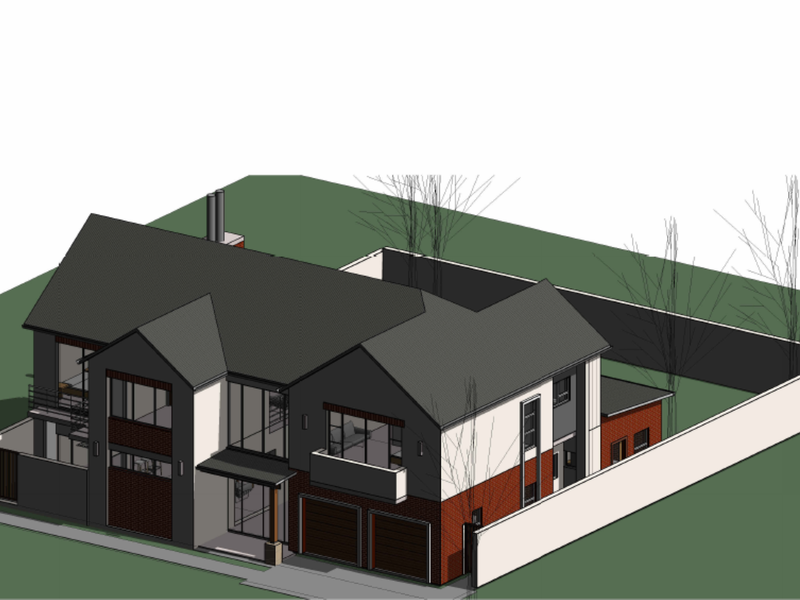 A 3D architectural render showing the exterior design and layout of a modern two-story residential property with a double garage.