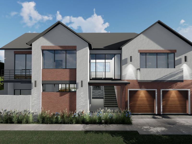 A modern two-story residential facade featuring a double garage, brick and plaster exterior finishes, and large glass windows.
