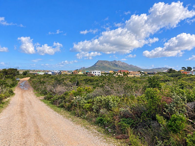 A scenic view of a dirt road leading towards a residential area with a prominent mountain range in the background.
