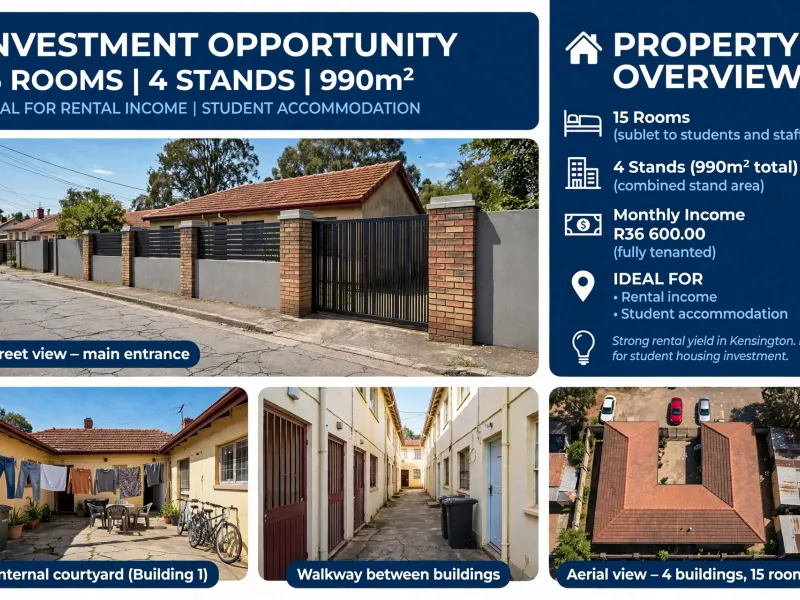 A property overview collage showcasing the exterior street view, internal courtyard, walkways, and aerial perspective of this multi-unit investment property.