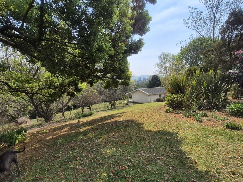 A spacious, well-maintained garden area featuring mature trees and established landscaping, providing a peaceful outdoor setting on the farm property.