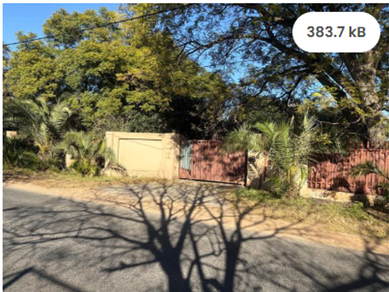 Street view of a residential property entrance featuring a gated driveway, boundary wall, and mature trees.