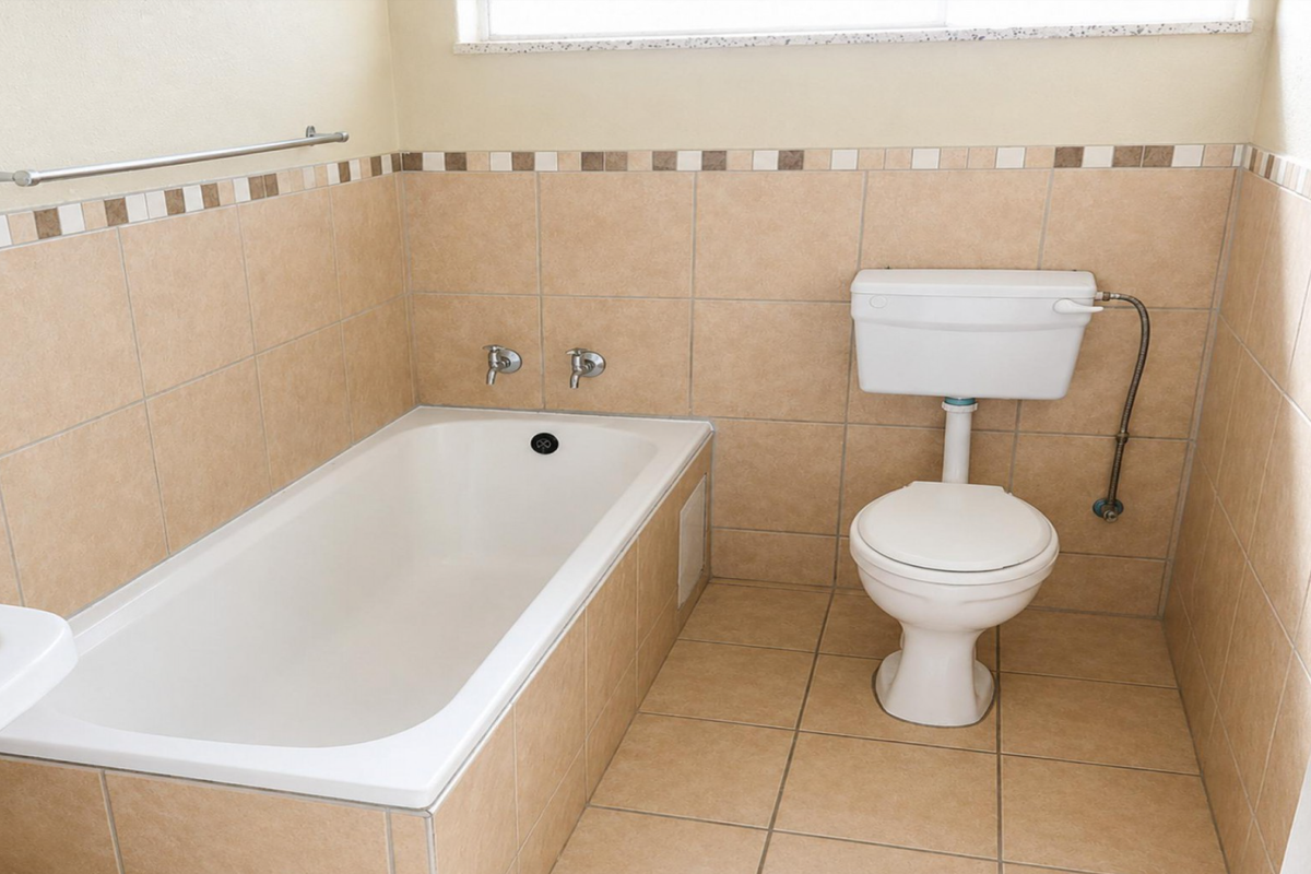 A functional bathroom featuring a built-in bathtub, standard toilet, and neutral ceramic tiling throughout.