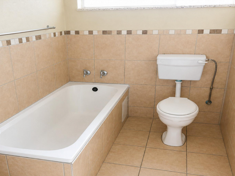 A functional bathroom featuring a built-in bathtub, standard toilet, and neutral ceramic tiling throughout.