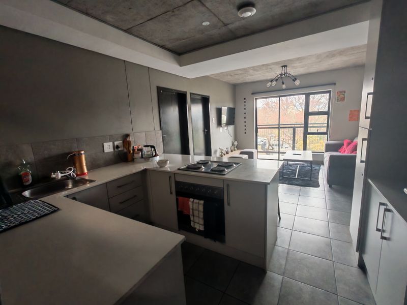 Modern open-plan apartment featuring a sleek kitchen with stone countertops, integrated appliances, and an exposed concrete ceiling, flowing into a bright living area.