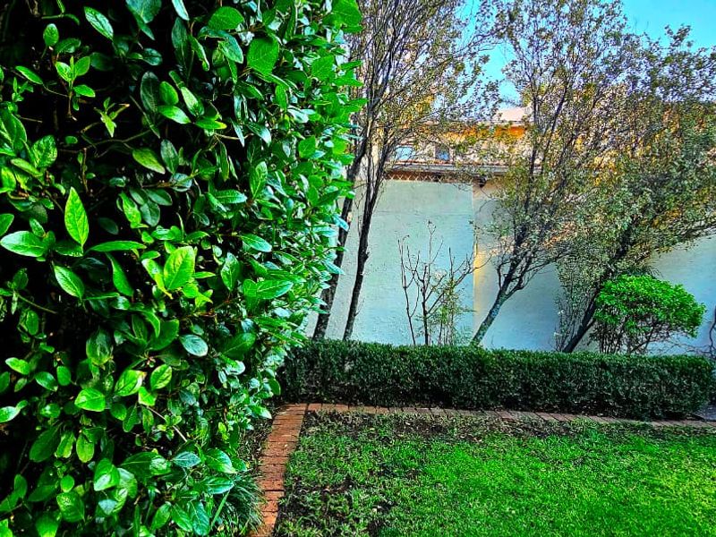 A view of the townhouse rear exterior featuring a well-maintained garden, manicured hedges, and a stucco building facade.