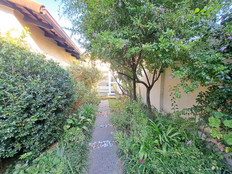 A lush, established garden path leading towards the rear of the townhouse, featuring mature greenery and a paved walkway.