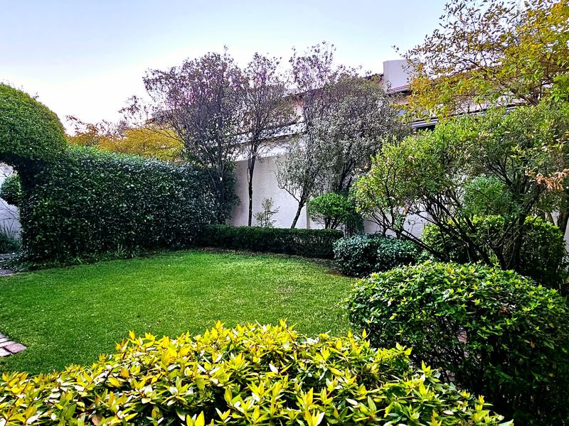A well-maintained private garden featuring a lush green lawn, mature hedges, and a stone pathway leading through a manicured archway.