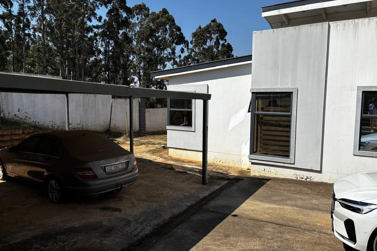 Rear exterior view of the property featuring a carport, concrete driveway, and boundary wall, showing signs of wear on the exterior finishes.
